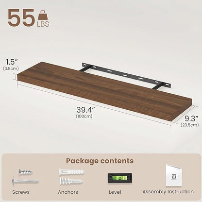 Vivelove Walnut Floating Shelves 40 Inches Long, Wall Display Shelves with Invisible Brackets, for Bathroom Living Room Kitchen Bedroom Office Farmhouse Home Decor, 40x9.3X 1.5 - Set of 2, Walnut