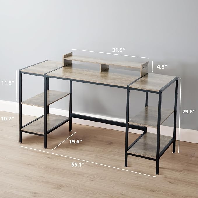MINOSYS Gaming/Computer Desk - 47” Home Office Small Desk with Monitor Stand, Rustic Writing Desk for 2 Monitors, Adjustable Storage Space, Modern Design Corner Table.
