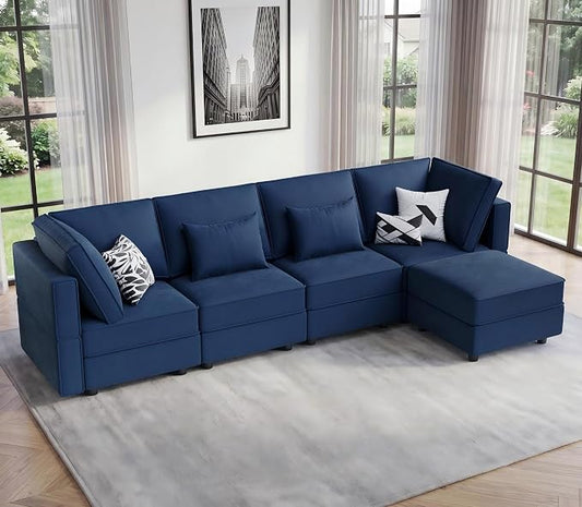 Vesgantti Sectional Couches with Storage Seats, 118" L Shaped Convertible Modular Sectional Sofa, 4 Seat & 1 Ottoman Velvet Storage Chaises Deep Seat Couch for Living Room, Bedroom, Apartment, Blue