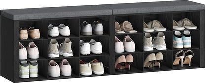 Hzuaneri Shoe Storage Bench with Cushion, Entryway Storage Bench with 18 Cubbies, 9.5" Widened Organizer Cabinet, Long Cubby Rack for Living Room, Bedroom, Entryway, Black SB25704GY