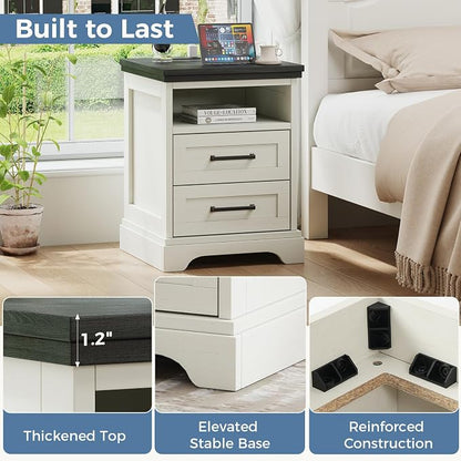 DUMOS Farmhouse Nightstand with Charging Station & USB Ports, Wood Bedside Table with 2 Spacious Storage Drawers and Open Shelf, Minimalist Modern End Table for Bedroom, White