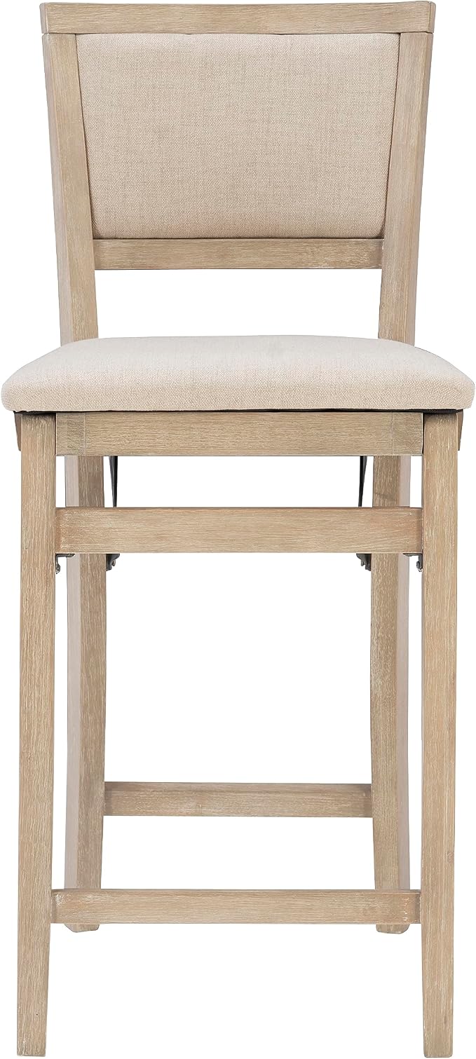 Linon Keira Natural Rustic Wooden Folding 25 Inch Seat Height Counter Stool with Beige Upholstered Seat and Back