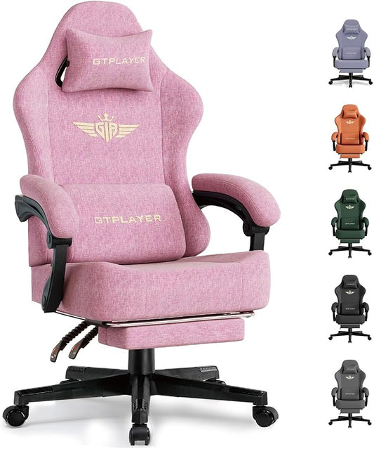 GTPLAYER Big and Tall Gaming Chair with Pocket Spring Cushion, High Back Ergonomic Computer Chair with Footrest for Adults Lumbar Support Swivel Game Chair for Office Gaming 350LBS, Fabric Pink