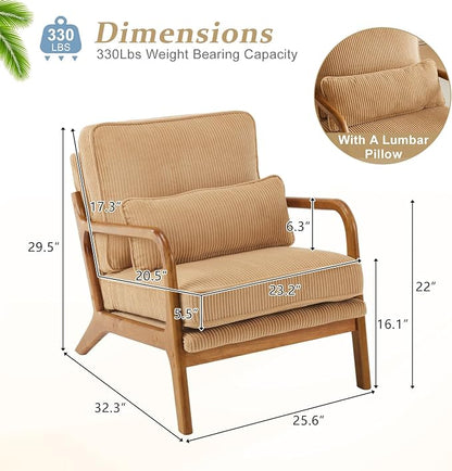 VINGLI Upgraded Premium Corduroy Accent Chairs Set of 2,Upholstered Arm Chair,Solid Wood Comfy Reading Chair with Lumbar Pillow, Mid Century Modern Chairs for Living Room,Bedroom,Khaki