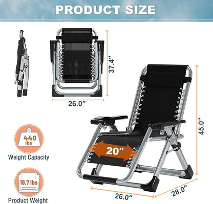 ABORON Zero Gravity Chair,Premium Outdoor Lawn Folding Lounge Chairs,Sturdy Adjustable Reclining Patio Chairs with Removable Cushion,Headrest & Tray