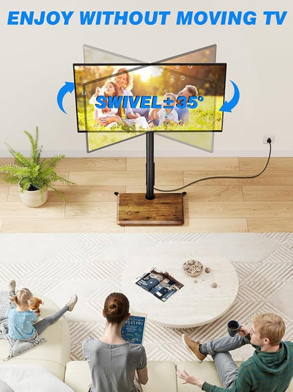 Rfiver Swivel Floor TV Stand with Power Outlet for 32-65 inch TVs, Height Adjustable Tall TV Stand with Wood Base, Hold Up to 88lbs, Saving Space Design for Bedroom, Living Room and Corner (Brown)
