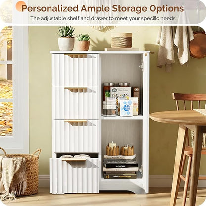 VINGLI Fluted Sideboard Buffet Cabinet, Modern White Wood Storage Console with Doors and Drawers, Multi-Function Storage Cabinet for Living Room, Dining Room, Kitchen, White