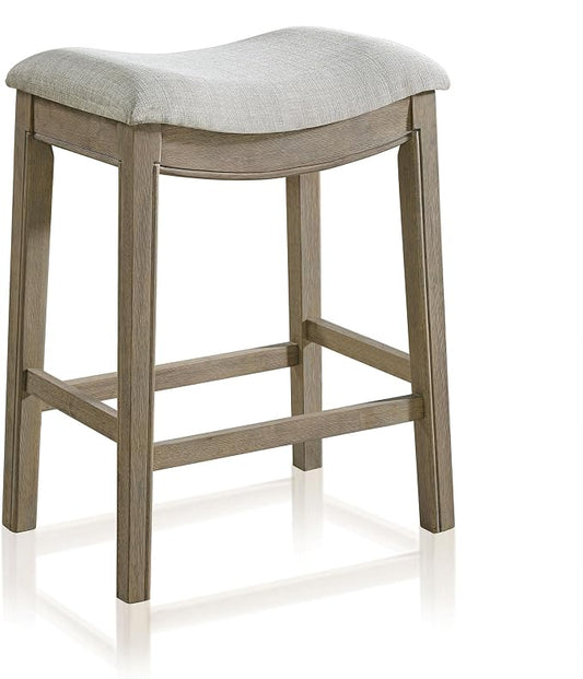 ROME + OAK Parker 26 Inch Counter Stool, Backless Saddle Kitchen Barstool in Reclaimed Oak Finish with Grey Fabric Upholstery Cushion Seat