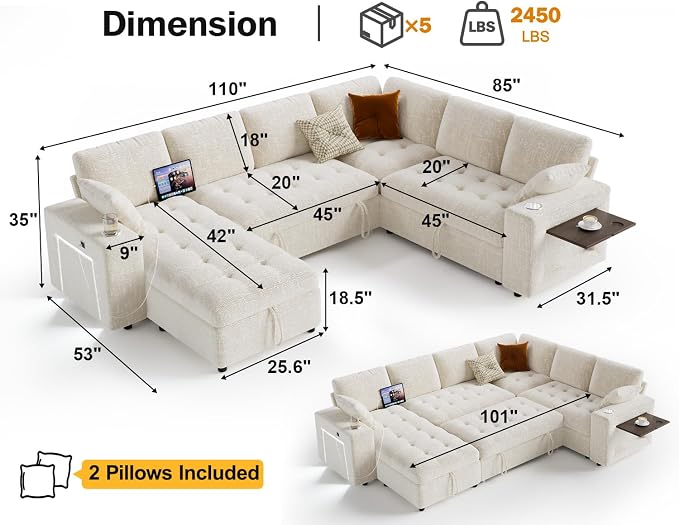 Vipbear 111" Modular Sectional Sleeper Sofa with Pull Out Bed, 7 Seat Chenille L Shaped Couch with Storage Chaise|USB Ports|Cup Holders|Side Table|LED Light, Tool Free Assembly, Beige