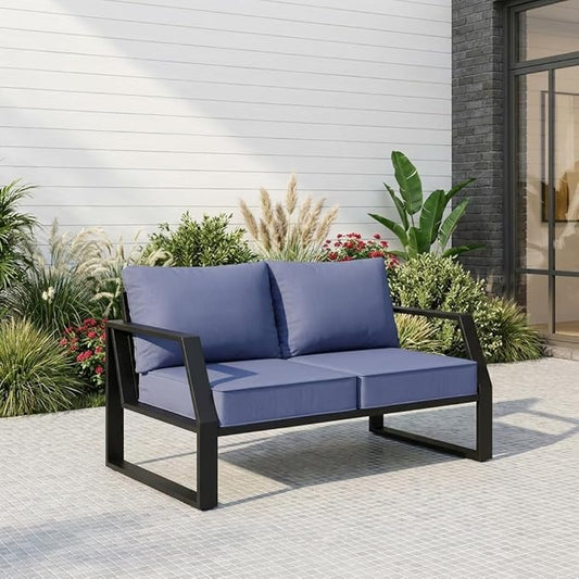 Oversized Outdoor Aluminum Patio Loveseat, 5" Thick Cushions Deep Seat Sofa, Modern Design with Wide Armrests, All-Weather Rustproof Frame for Backyard, Porch, Garden