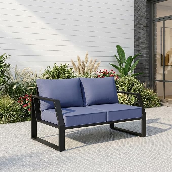 Oversized Outdoor Aluminum Patio Loveseat, 5" Thick Cushions Deep Seat Sofa, Modern Design with Wide Armrests, All-Weather Rustproof Frame for Backyard, Porch, Garden