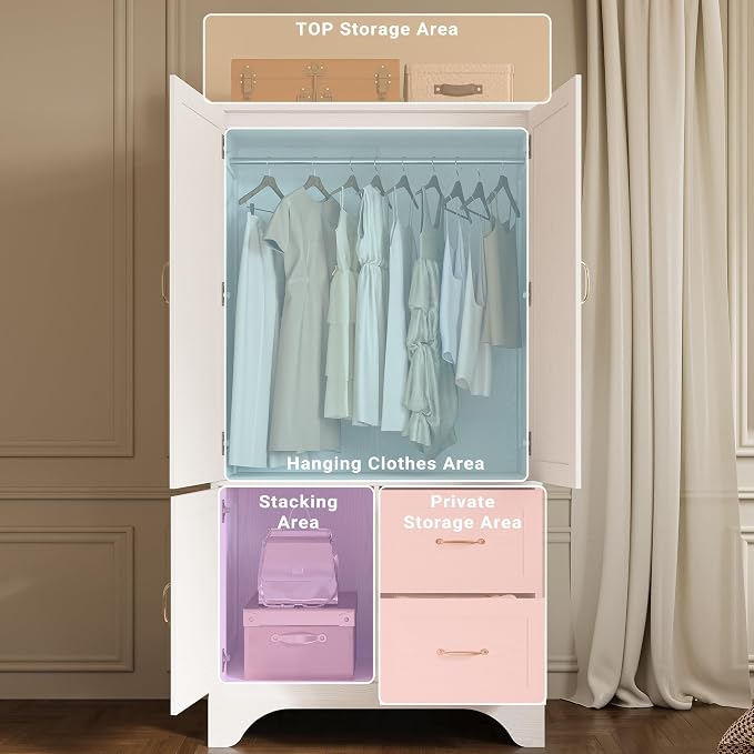 LIKIMIO Armoire Wardrobe Closet with Mirror and 3 Doors and 2 Drawers, Bedroom Wooden Armoire Storage Cabinet Combination with Hanging Rod for Bedroom, White