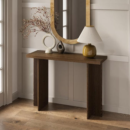 Stead Fluted Console Table - Slim Entryway Table for Narrow Hallways - Natural Wood Console with Curved Cross Base & Mid-Century Modern Style - Walnut