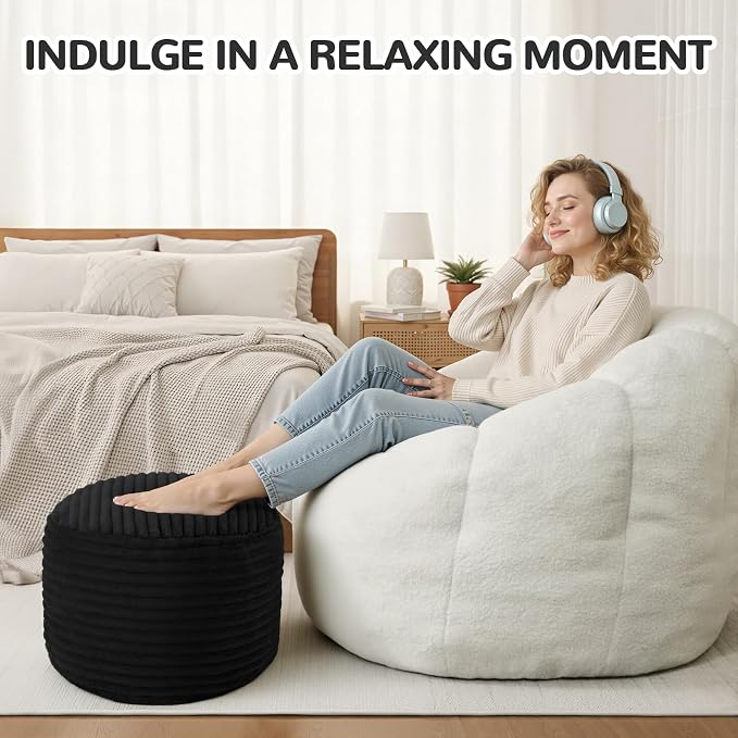 MeMoreCool Stuffed Round Pouf Ottoman Foot Rest, Soft Plush Floor Pouf Foot Stool, Corduray Footstool Footrest, Small Round Ottoman for Living Room Couch Sofa Chair, 20x15 Inch Black