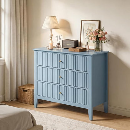 RoyalCraft 32" Large Nightstand Set of 2, Fluted Painted Bedside Table with 3 Spacious Drawers, Modern Tall End Table for Bedroom, Light Blue