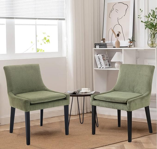 COLAMY Modern Dining Chairs Set of 4, Upholstered Corduroy Accent Side Chairs with Mid Back and Wood Legs for Living Room/Dining Room- Light Green