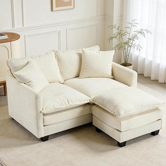 50'' L-Shape Loveseat Sofa with 22" Ottoman, 2 Seat Modern Cloud Couch with 2 Washable Pillows for Small Space Apartment Office Living Room Bedroom, Beige