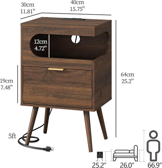 Veegle Nightstand,Modern Bedside Table with Storage Drawer and Open Wood Shelf, Accent Night Stand with Solid Wood Legs for Living Room, Bedroom and Small Spaces,Easy Assembly (Walnut Brown-1)