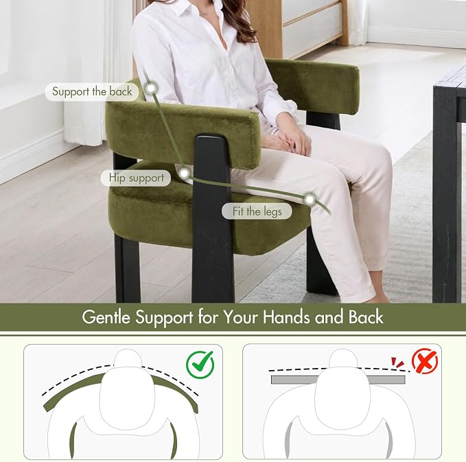 Hyfirm Modern Dining Chairs Set of 4, Upholstered Velvet Barrel Accent Chairs with Backrest & Arms, Wide and Thicker Padded Kitchen Side Chair with Wooden Legs for Dining Room, Livingroom, Dark Green