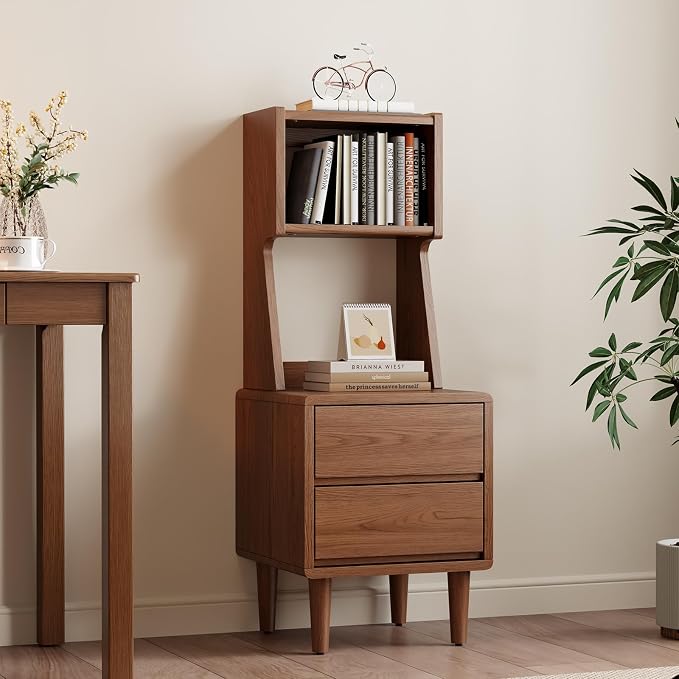 Solid Wood Bookshelf with Drawers,Narrow bookcase with Storage Shelves,Tall Nightstand with Drawers,Mid Century Modern Nightstand,Open Shelf Bookcase,Small Book Shelf for Bedroom,Living Room,Offices