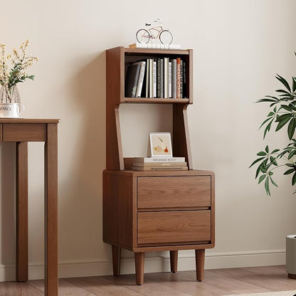 Solid Wood Bookshelf with Drawers,Narrow bookcase with Storage Shelves,Tall Nightstand with Drawers,Mid Century Modern Nightstand,Open Shelf Bookcase,Small Book Shelf for Bedroom,Living Room,Offices