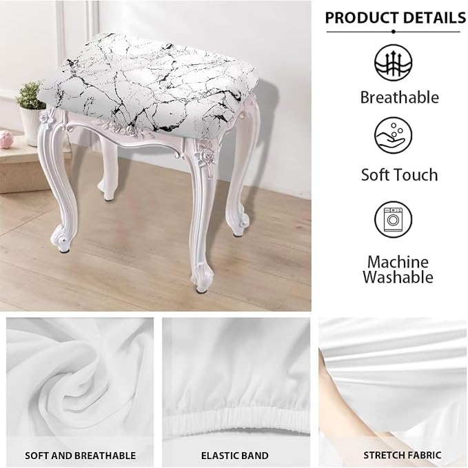 Marble Print Stool Seat Covers Rectangle 2 Pack Stretch Bench Covers Rectangular Soft Rectangle Bar Stool Cover Washable Counter Stools Slipcover Saddle Seat Cover