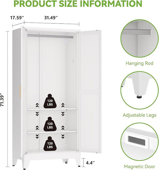Baborokic Metal Armoire Wardrobe Closet with Hanging Rod,71H Metal Cabinet with Doors and Shelves,Freestanding Farmhouse Bedroom Armoire Closet,Storage Cabinets for Bedroom,Office,Laundry Room(White)
