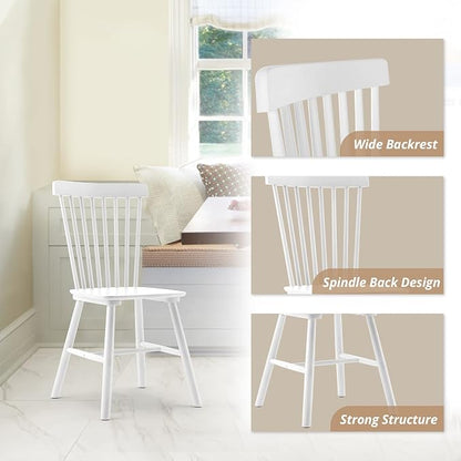 LUE BONA 4PC 18" White Windsor Dining Chairs Set, Spindle Back Wood Dining Chair, Sturdy Solid Hardwood Construction, Easy Assembly, Ideal for Kitchen and Dining Room