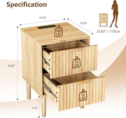 VINGLI Nightstand with Charging Station, Fluted Nightstand with Drawers, Wood Night Stand for Bedroom, Fluted Bedside Table/End Table/Side Table, Oak, 15.75" W*15.55" D*23.62" H