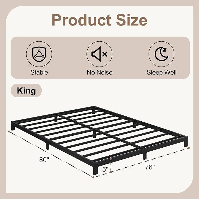 Cieemine 5 Inch Low King Size Bed Frame, Heavy Duty Bed Frame King Size Low Profile, No Box Spring Needed, Easy Assembly, Noise Free, Black