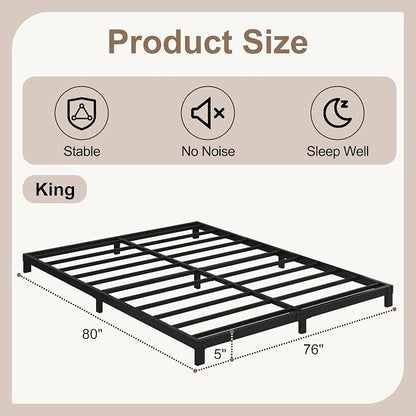 Cieemine 5 Inch Low King Size Bed Frame, Heavy Duty Bed Frame King Size Low Profile, No Box Spring Needed, Easy Assembly, Noise Free, Black