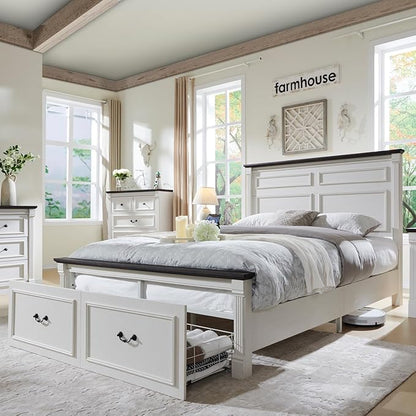 Aitjunz Farmhouse Queen Size Bed Frame with 51" Tall Headboard, Wood Platform Bed Frame with 20" Tall Roman Column Decoration Footboard & 2 Large Storage Drawers, No Box Spring Needed (White)