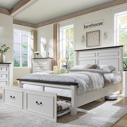 Aitjunz Farmhouse Queen Size Bed Frame with 51" Tall Headboard, Wood Platform Bed Frame with 20" Tall Roman Column Decoration Footboard & 2 Large Storage Drawers, No Box Spring Needed (White)