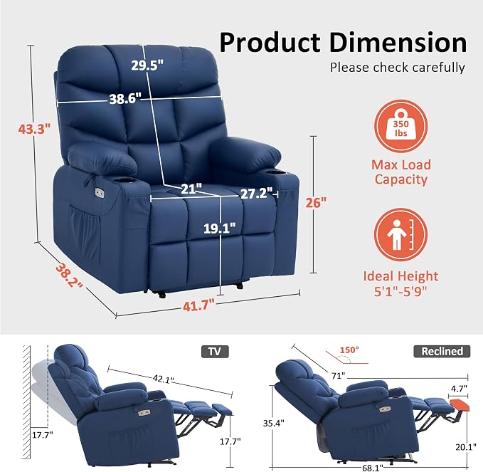 MCombo Oversized Power Lift Recliner Chair with Extended Footrest, Extra Wide for Big and Tall Elderly People, Faux Leather R7289 (Navy Blue, Medium-Wide)