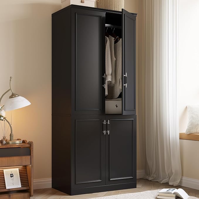 MEISSALIVVE Armoire Wardrobe Closet with 4 Door, 74.8" Large Wardrobe Cabinet with Hanging Rod, Freestanding Modern Bedroom Armoire Storage Cabinet, Black