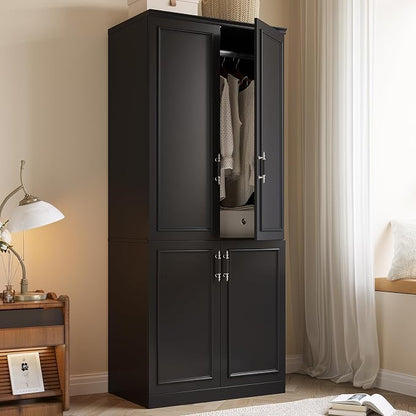 MEISSALIVVE Armoire Wardrobe Closet with 4 Door, 74.8" Large Wardrobe Cabinet with Hanging Rod, Freestanding Modern Bedroom Armoire Storage Cabinet, Black
