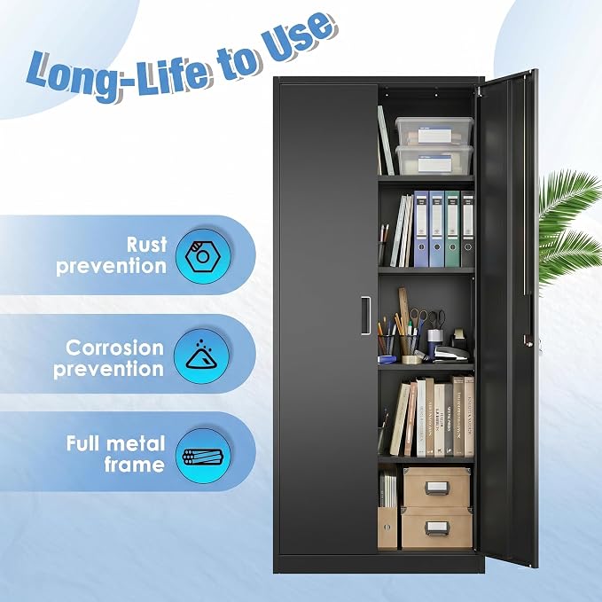 SUXXAN Metal Storage Cabinet with Doors and Shelves, 71" H Locking Steel Garage Cabinet for Home Office Studio Pantry,Tall Tool File Cabinet Black, Assembly Require