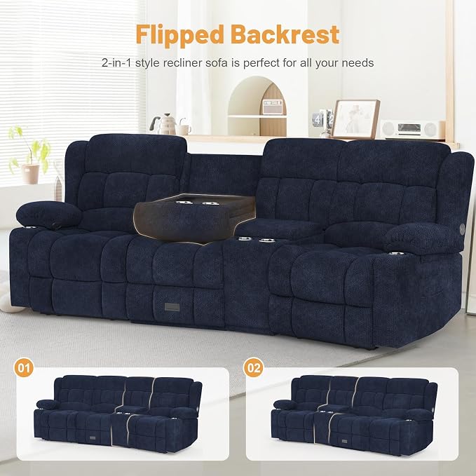 Dresegmt Recliner Sofa with Storage Console, Flip Middle Backrest Design 3-Seater Reclining Sofa with Storage Drawer, USB Ports & Cup Holders, Manual Couch for Living Room (Blue, 3 Seater + Console)