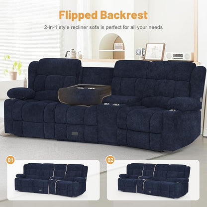 Dresegmt Recliner Sofa with Storage Console, Flip Middle Backrest Design 3-Seater Reclining Sofa with Storage Drawer, USB Ports & Cup Holders, Manual Couch for Living Room (Blue, 3 Seater + Console)