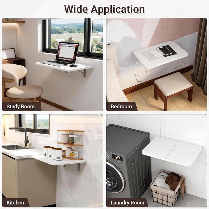 Neoaider Wall Mounted Folding Desk 23.6” x 15.7”, White | Drop Down Table with Metal Collapsible Brackets, Folding Wall Table for Small Spaces, Home, Office, Kitchen, Laundry Room
