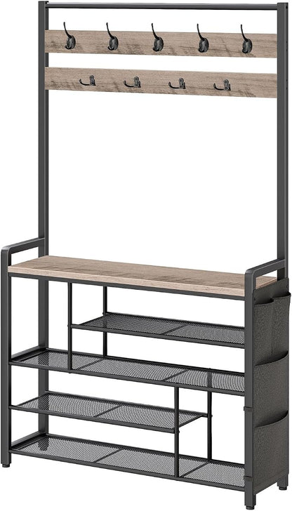 HOOBRO Hall Tree with Bench, Shoe Rack with Coat Rack, 39.4" Coat Rack with Shoe Storage, 5 Tier Shoe Storage Organizer, Oxford Fabric Side Pockets, Coat and Shoe Rack Entryway, Greige BG46MT01
