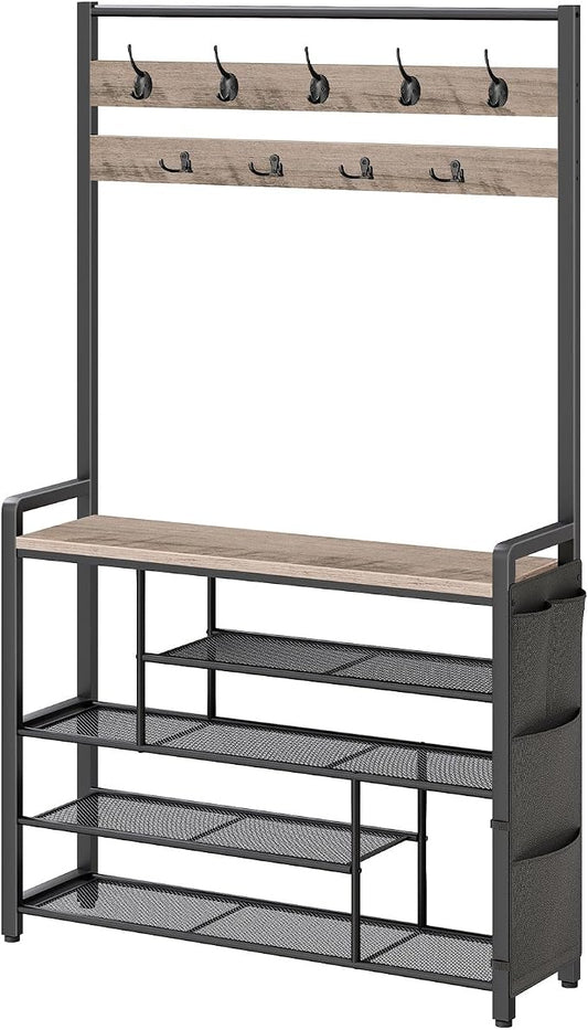 HOOBRO Hall Tree with Bench, Shoe Rack with Coat Rack, 39.4" Coat Rack with Shoe Storage, 5 Tier Shoe Storage Organizer, Oxford Fabric Side Pockets, Coat and Shoe Rack Entryway, Greige BG46MT01