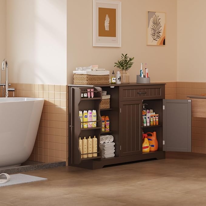 Gizoon Kitchen Coffee Bar Cabinet with Storage Kitchen Sideboard Buffet Cabinet with Drawers, Short Pantry with Door and Shelves for Bathroom and Living Room, Dark Brown, Painted