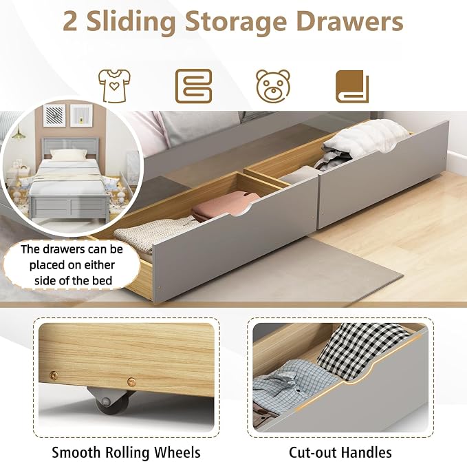 KOMFOTT Full Size Wood Bed Frame with 2 Storage Drawers, Mid Century Platform Bed Frame with Headboard, Sturdy Wooden Slats Support, Modern Mattress Foundation, No Box Spring Required, Easy Assembly