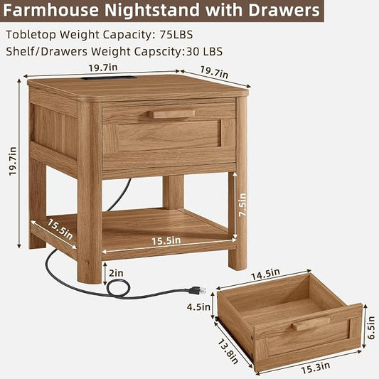 Joaxswe Farmhouse Night Stand with Charging Station, Wood Bed Side Table with Drawer & Open Storage Shelf for Bedroom, Brown
