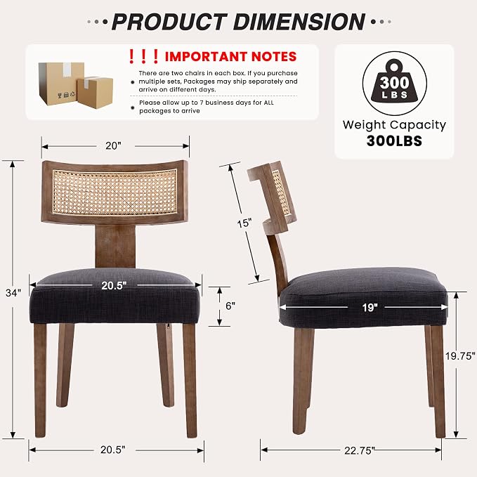HNY Mid Century Modern Rattan Dining Chairs Set of 2, Farmhouse Linen Upholstered Accent Chair Curved Backrest Kitchen Chairs, with Hardwood Frame, Charcoal