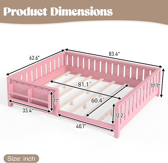 Bellemave Queen Size Floor Bed with high Rails and with Built-in Bookshelf for Kids, Girls, Boys, Wood Montessori Floor Bed Without Door, Pink