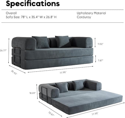 ZEIINPA Comfy Convertible Folding Mattress Couch, Floor Sofa Bed with Fixed-Shape Frame, Corduroy Floor Sofa with Armrest, Floor Sofa Lounge Couch for Living Room Bedroom Lounge Studio,Grey