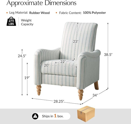 HULALA HOME Farmhouse Recliner Chair with Solid Wood Spindle Legs, Striped Push Back Recliner Armchair with Adjustable Backrest & Footrest, Comfy High Back Lazyboy Single Sofa for Living Room, Blue