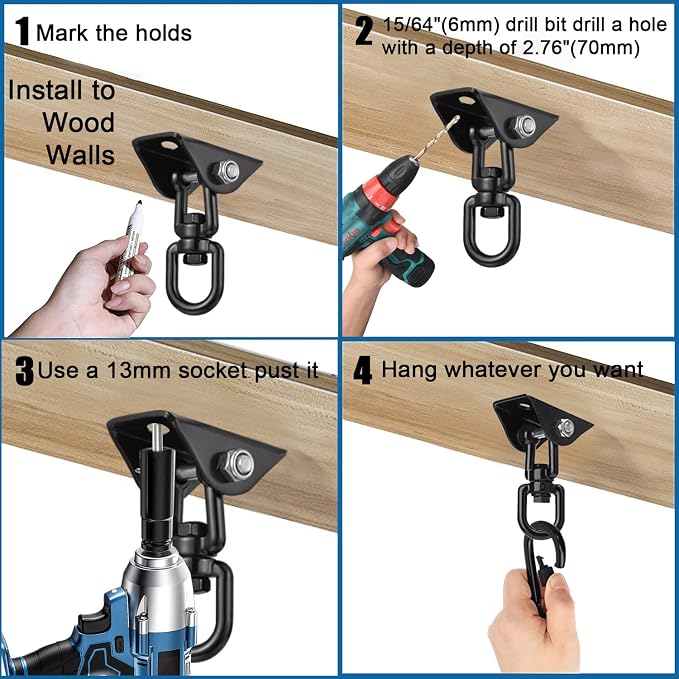 Hammock Hanging Kit,Hanging Chair Hardware 360°Rotating 1000 lb Capacity Hammock Hooks Heavy Duty,Hammock Chair Hanging Kit & Swing Ceiling Hook Snap for Hammock Chair Stand,Seat, Tree,Yoga,Gym(Black)
